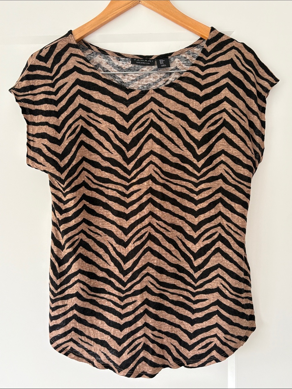 100% Linen Tahari Zebra-Stripe Cap Sleeve Tee